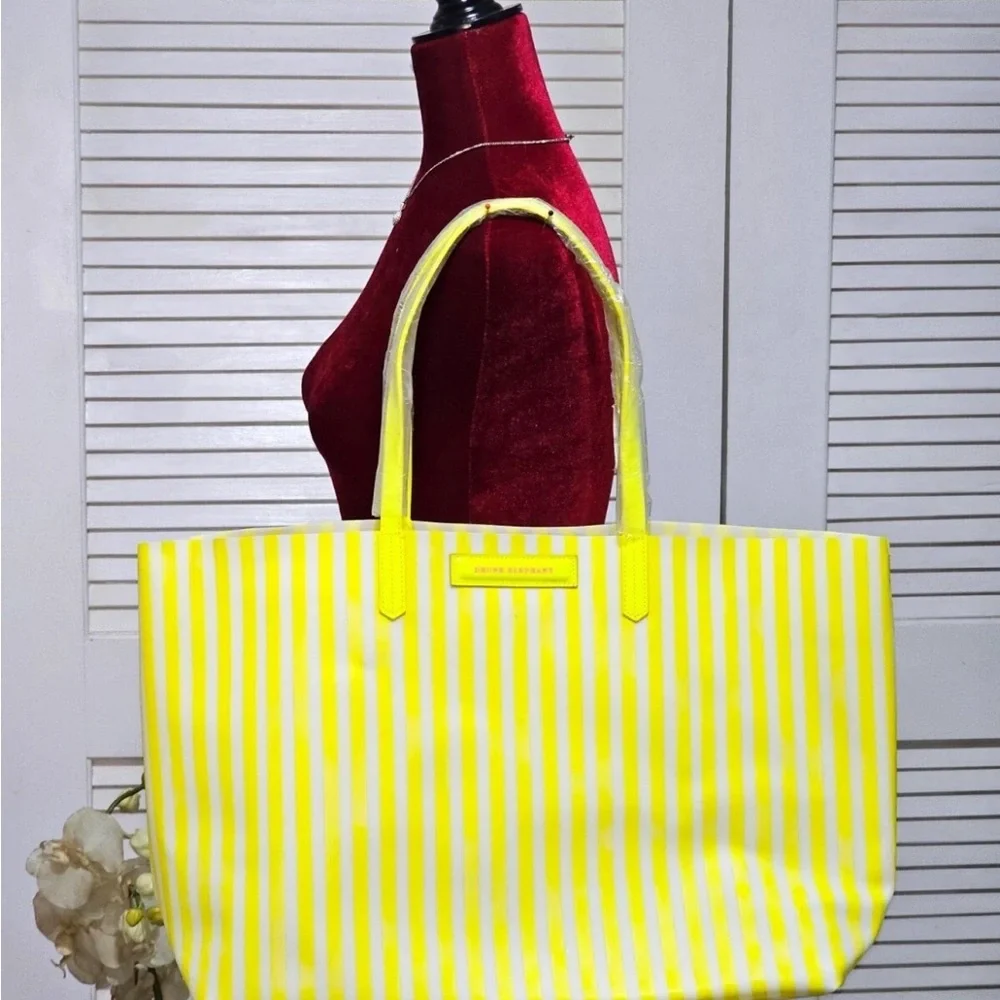 Drunk elephant yellow neon & white striped shopping/beach/ tote bag+coinbag NIP - Picture 2 of 10